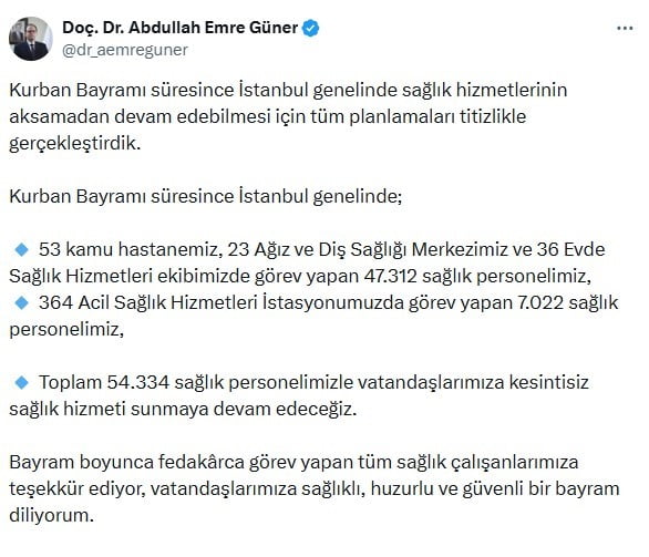 İSTANBUL İL SAĞLIK MÜDÜRÜ DOÇ. DR. ABDULLAH EMRE GÜNER, KURBAN BAYRAMI SÜRESİNCE MEGAKENTTE TOPLAM...