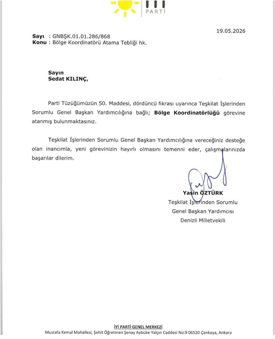 İYİ PARTİ GENEL BAŞKANI MUSAVAT DERVİŞOĞLU’NUN BAŞDANIŞMANLIĞINI YAPAN SEDAT KILINÇ, TEŞKİLAT...