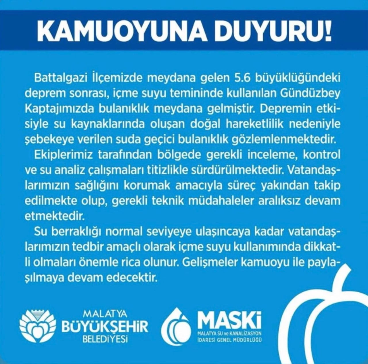 MALATYA’DA DEPREM SONRASI İÇME SUYUNDA BULANIKLIK OLDU