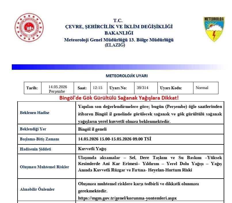 METEOROLOJİ 13. BÖLGE MÜDÜRLÜĞÜ, BİNGÖL İÇİN GÖK GÜRÜLTÜLÜ SAĞANAK YAĞIŞ UYARISINDA...
