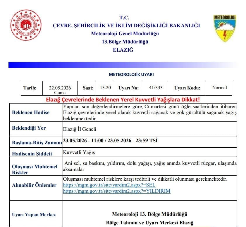 METEOROLOJİ 13. BÖLGE MÜDÜRLÜĞÜ, ELAZIĞ İÇİN KUVVETLİ YAĞIŞ UYARISI YAPTI