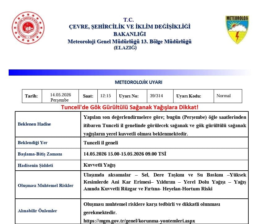 METEOROLOJİ 13. BÖLGE MÜDÜRLÜĞÜ, TUNCELİ İÇİN GÖK GÜRÜLTÜLÜ SAĞANAK YAĞIŞ UYARISINDA...