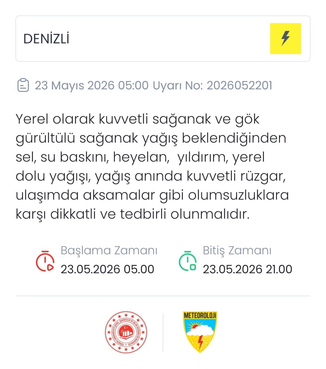 METEOROLOJİ, DENİZLİ’DE 23 MAYIS 2026 TARİHİNDE YEREL OLARAK KUVVETLİ SAĞANAK VE GÖK GÜRÜLTÜLÜ...