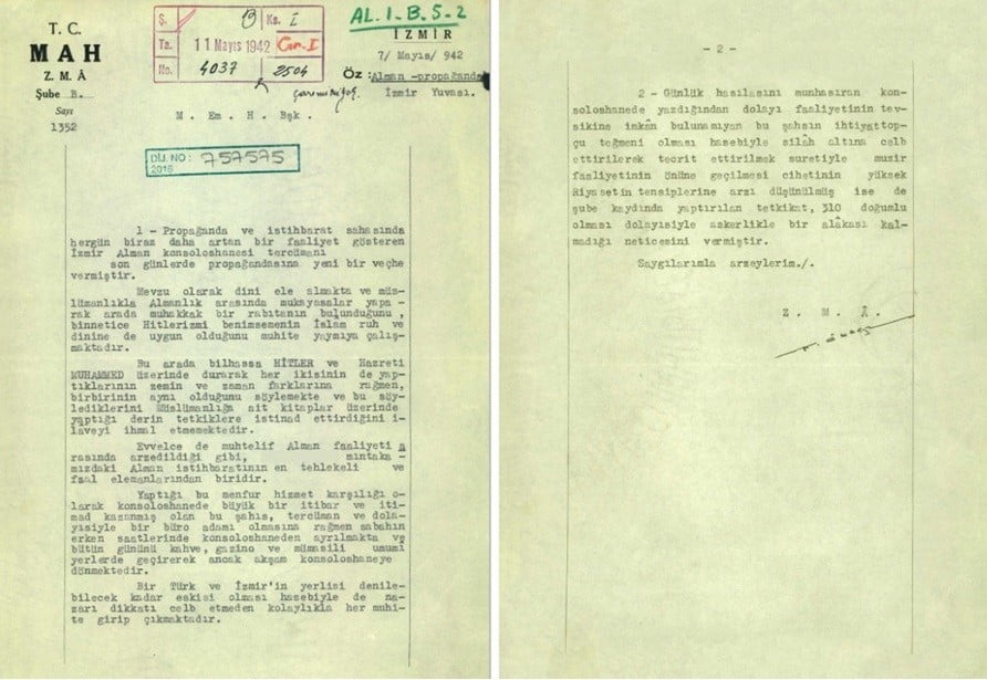 MİLLÎ İSTİHBARAT TEŞKİLATI (MİT) TARAFINDAN "ÖZEL KOLEKSİYON" SEKMESİNDE YAYIMLANAN 1942 TARİHLİ...