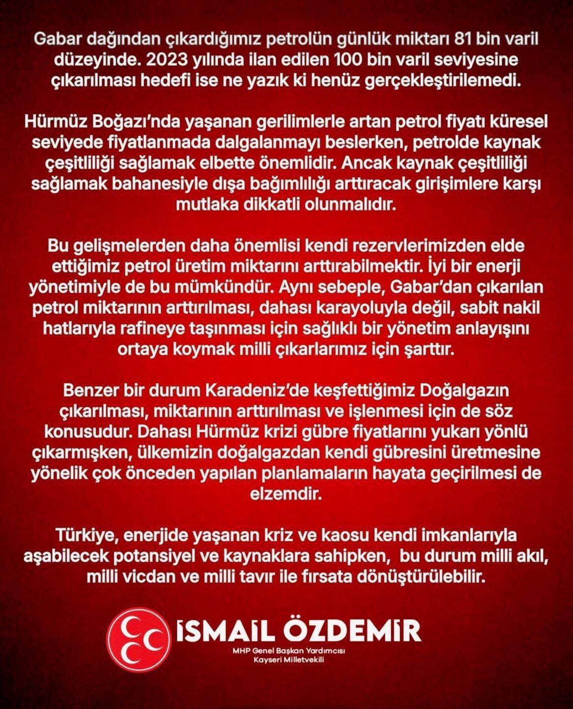 MİLLİYETÇİ HAREKET PARTİSİ (MHP) GENEL BAŞKAN YARDIMCISI VE KAYSERİ MİLLETVEKİLİ İSMAİL ÖZDEMİR...