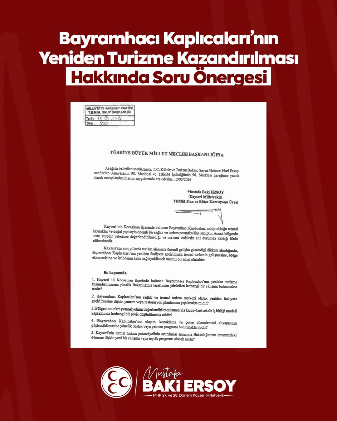 MİLLİYETÇİ HAREKET PARTİSİ (MHP) KAYSERİ MİLLETVEKİLİ BAKİ ERSOY; KAYSERİ’NİN KOCASİNAN İLÇESİNDE...