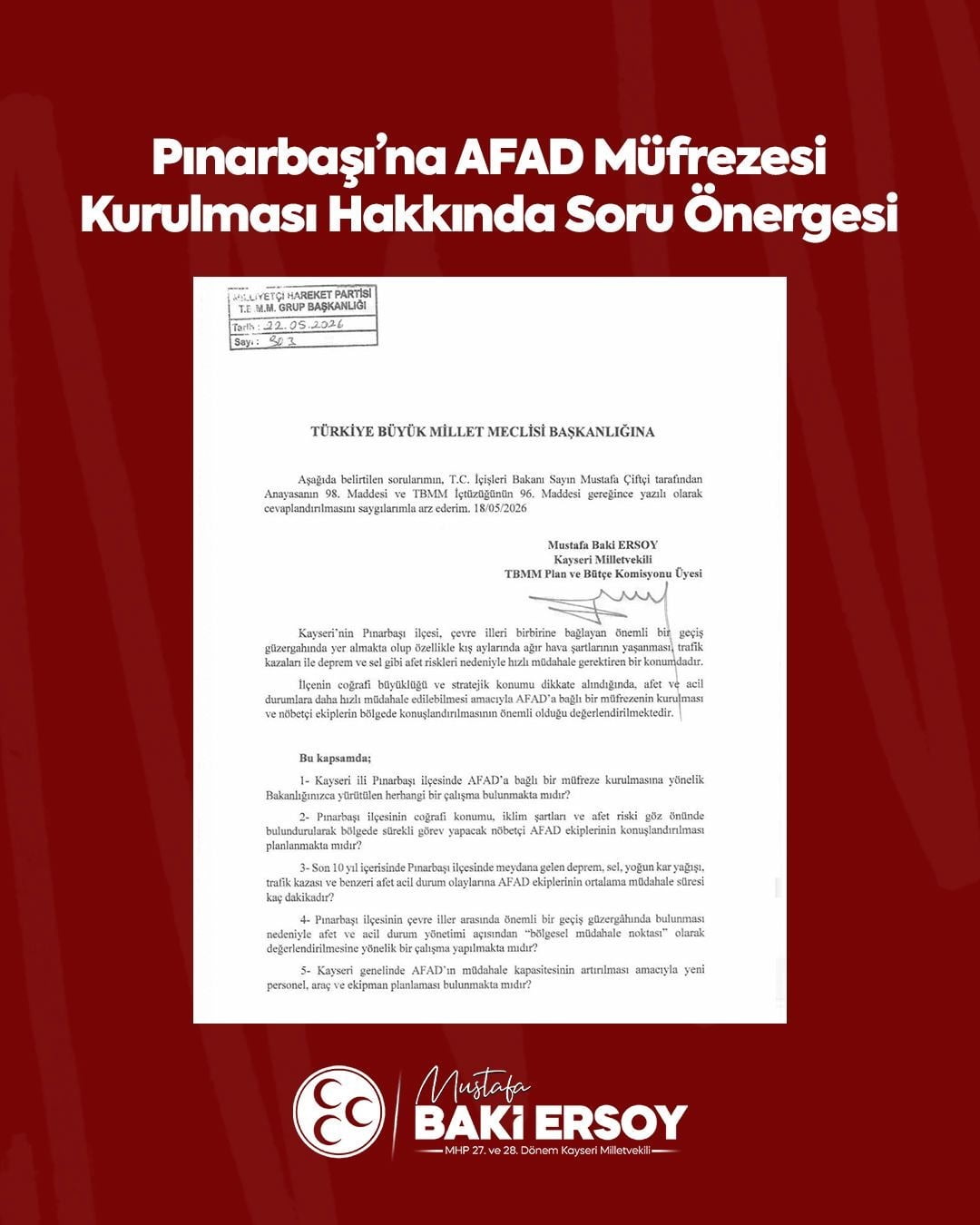 MİLLİYETÇİ HAREKET PARTİSİ (MHP) KAYSERİ MİLLETVEKİLİ BAKİ ERSOY, KAYSERİ’NİN PINARBAŞI İLÇESİNDE...