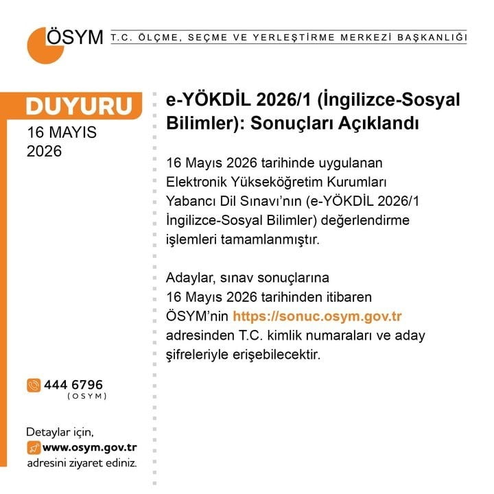 ÖLÇME, SEÇME VE YERLEŞTİRME BAŞKANLIĞI (ÖSYM), E-YÖKDİL 2026/1 "İNGİLİZCE-SOSYAL BİLİMLER"...