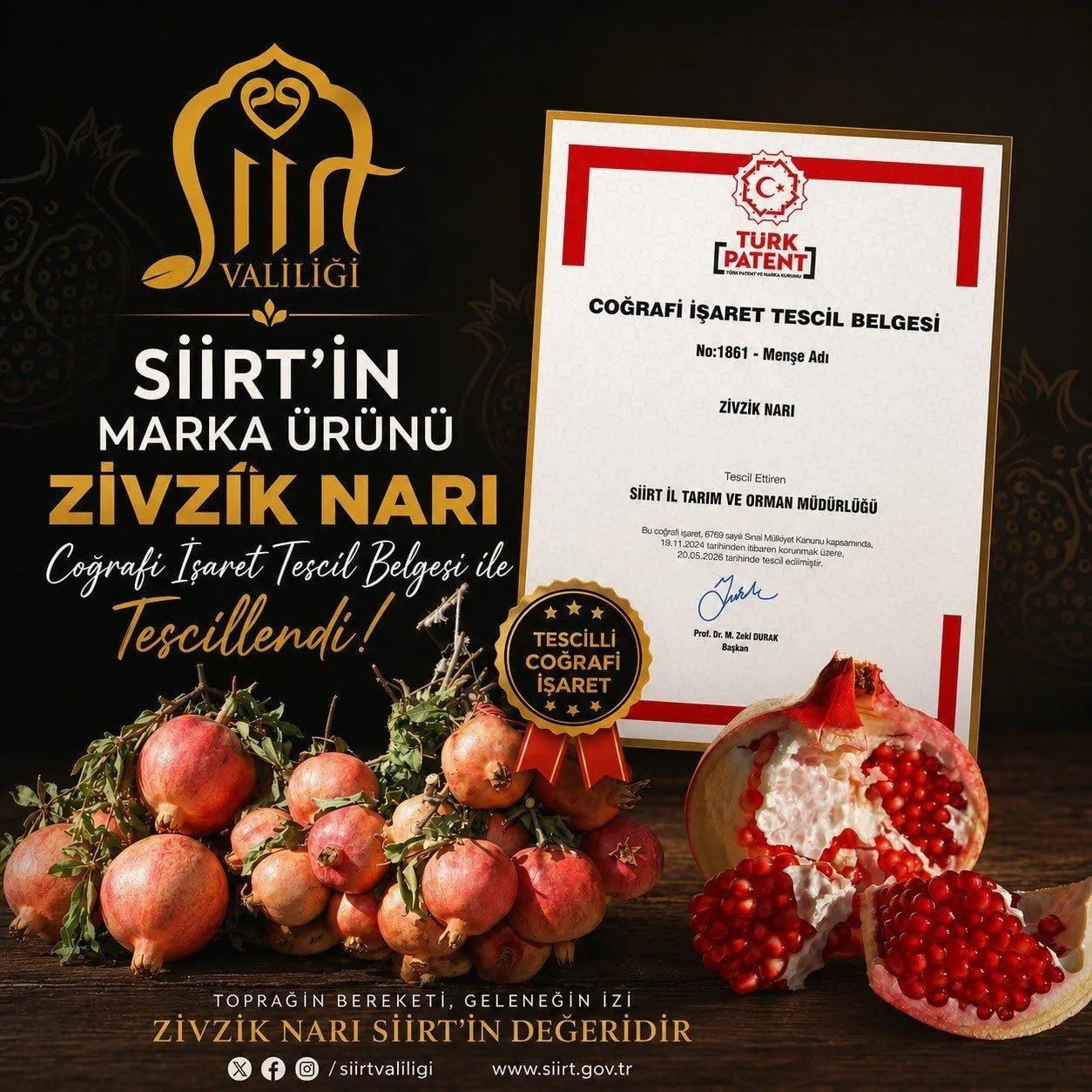 SİİRT'İN ÖNEMLİ TARIMSAL DEĞERLERİNDEN BİRİ OLAN ZİVZİK NARI, TÜRK PATENT VE MARKA KURUMU...