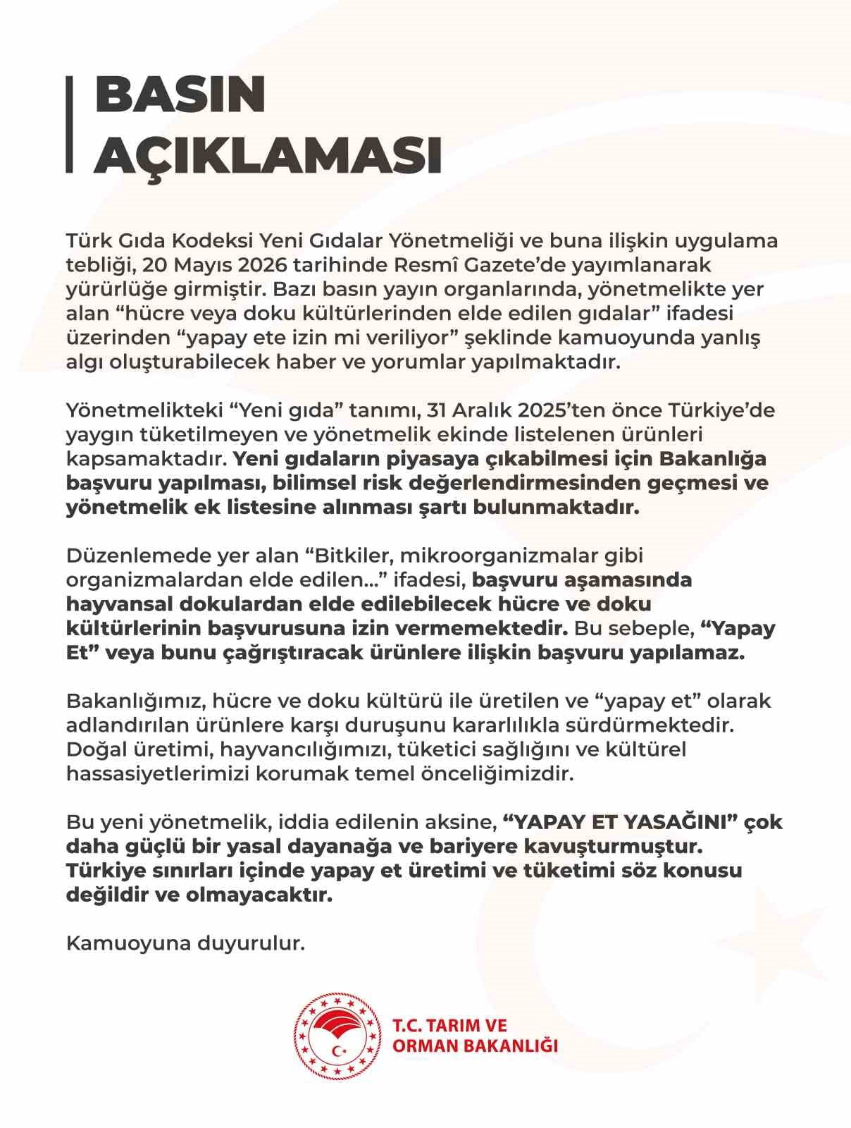 TARIM VE ORMAN BAKANLIĞI TARAFINDAN YAPAY ET İDDİALARINA İLİŞKİN "TÜRKİYE SINIRLARI İÇİNDE YAPAY...