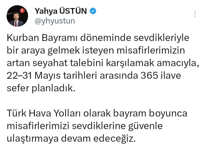 TÜRK HAVA YOLLARI İLETİŞİM BAŞKANI YAHYA ÜSTÜN, SOSYAL MEDYA HESABINDAN AÇIKLAMALARDA...