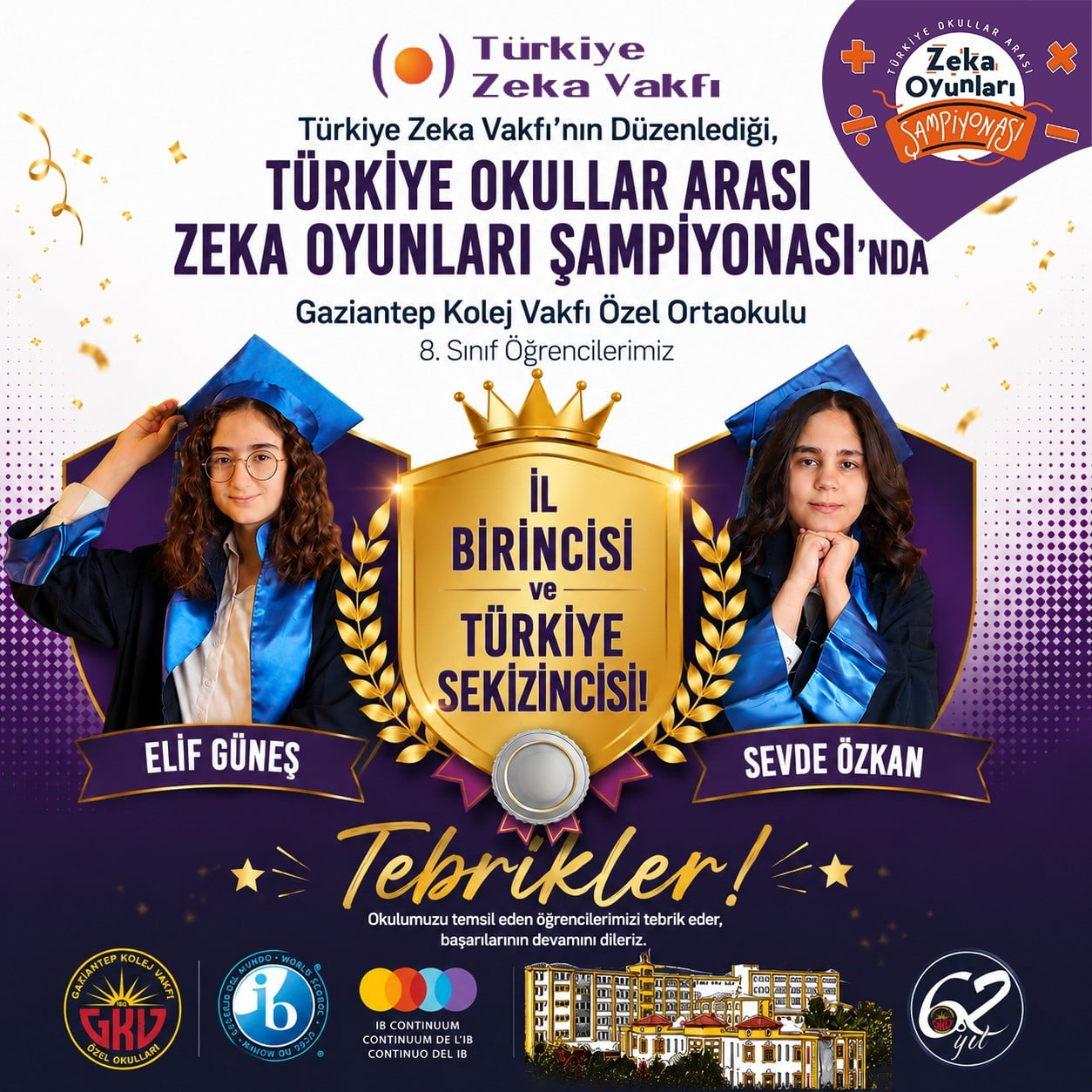 TÜRKİYE OKULLAR ARASI ZEKA OYUNLARI ŞAMPİYONASI’NA KATILARAK GAZİANTEP VE BÖLGE TEMSİLCİLİĞİNİ...