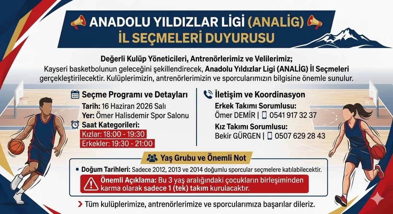 ANADOLU YILDIZLAR LİGİ (ANALİG) BASKETBOL KAYSERİ  İL SEÇMELERİ, 16 HAZİRAN 2026 TARİHİNDE ÖMER...