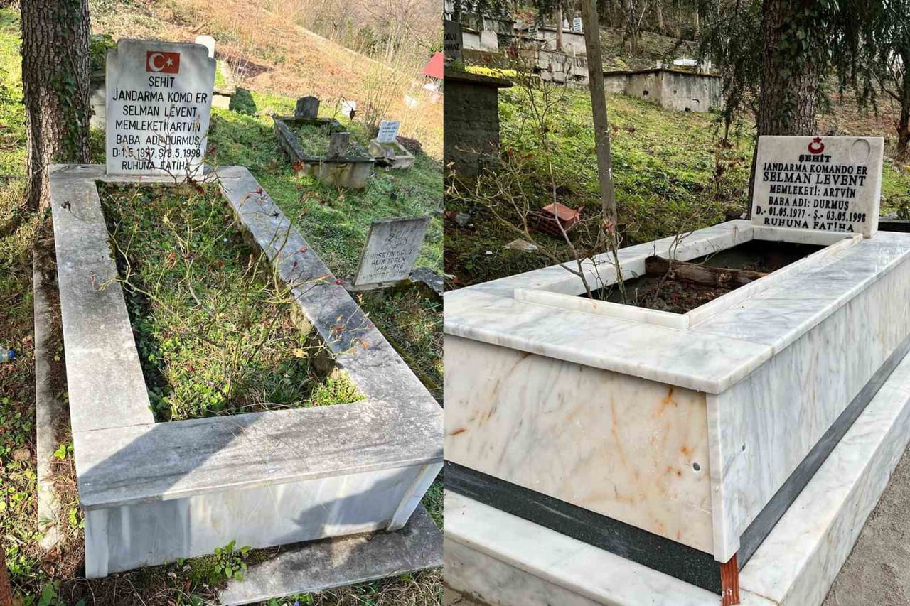 ARTVİN’DE DOĞAL ŞARTLAR NEDENİYLE ZAMANLA YIPRANAN ŞEHİT MEZARLARI, YENİLENİRKEN, MEZARLIKLARDAKİ...