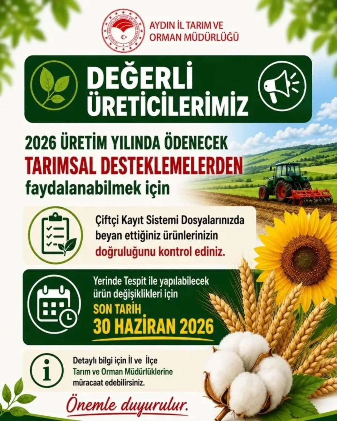 AYDIN İL TARIM VE ORMAN MÜDÜRLÜĞÜ, 2026 ÜRETİM YILI TARIMSAL DESTEKLEMELERİNDEN YARARLANMAK...