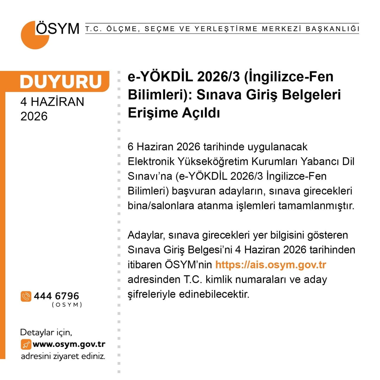 ELEKTRONİK YÜKSEKÖĞRETİM KURUMLARI YABANCI DİL SINAVI’NA (E-YÖKDİL 2026/3 İNGİLİZCE-FEN BİLİMLERİ)...