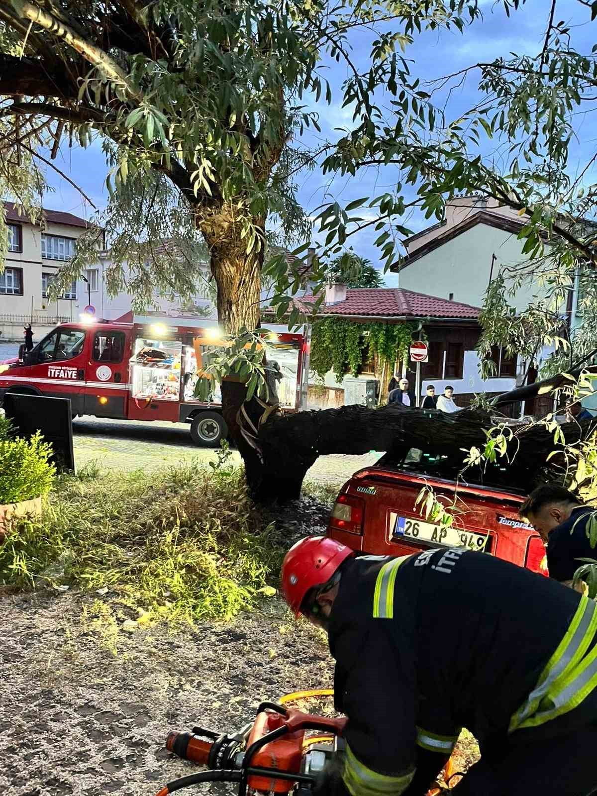ESKİŞEHİR’DE YAŞLI AĞAÇTAN KOPUP PARK HALİNDEKİ OTOMOBİLİN ÜSTÜNE DÜŞEN KALIN DAL PARÇASI...