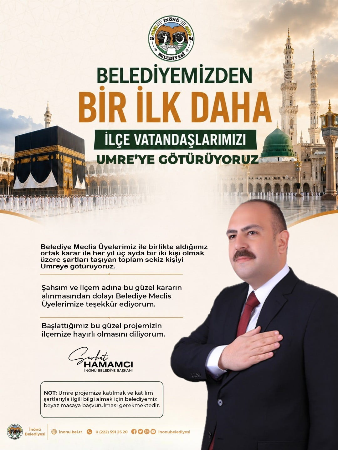 ESKİŞEHİR İNÖNÜ BELEDİYESİ, BAŞLATTIKLARI PROJE İLE HER YIL 8 KİŞİNİN UMRE'YE GÖTÜRÜLECEĞİNİ...