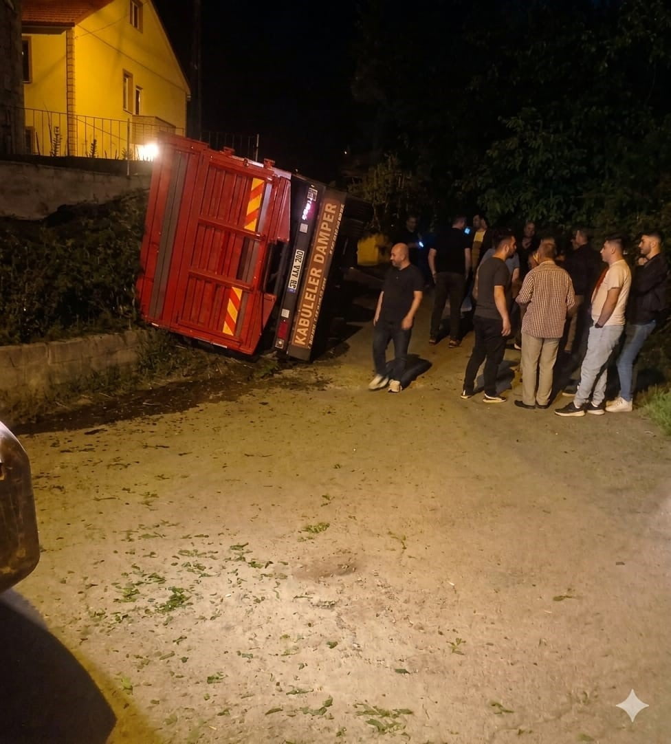GİRESUN'UN EYNESİL İLÇESİNDE YAŞ ÇAY YÜKLÜ BİR KAMYONUN DEVRİLMESİ SONUCU MADDİ HASAR MEYDANA...