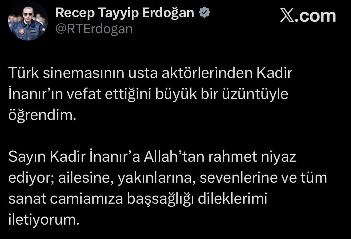 İSTANBUL (İHA) - CUMHURBAŞKANI RECEP TAYYİP ERDOĞAN, TÜRK SİNEMASININ USTA OYUNCULARINDAN KADİR...