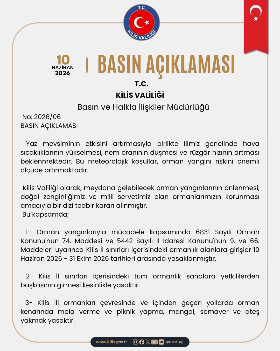 KİLİS’TE ORMANLARA GİRİŞLER 31 EKİM’E KADAR YASAKLANDI