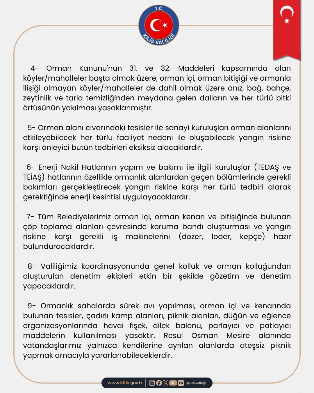 KİLİS’TE ORMANLARA GİRİŞLER 31 EKİM’E KADAR YASAKLANDI