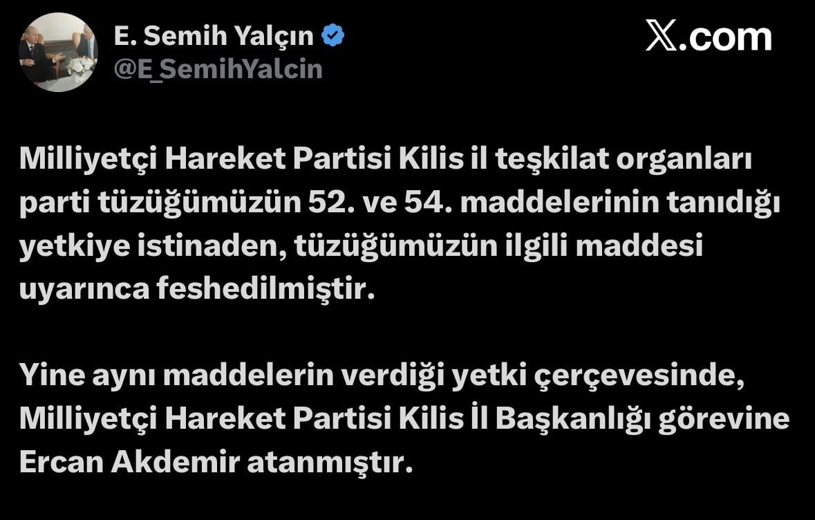 MHP GENEL BAŞKAN YARDIMCISI EDİP SEMİH YALÇIN‘IN AÇIKLAMASI
