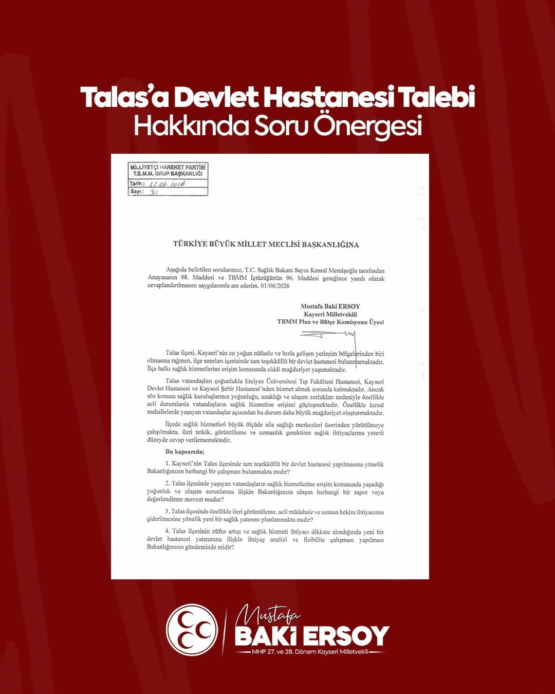 MHP KAYSERİ MİLLETVEKİLİ BAKİ ERSOY; TALAS İLÇESİNİN UZUN SÜREDİR DİLE GETİRİLEN DEVLET HASTANESİ...