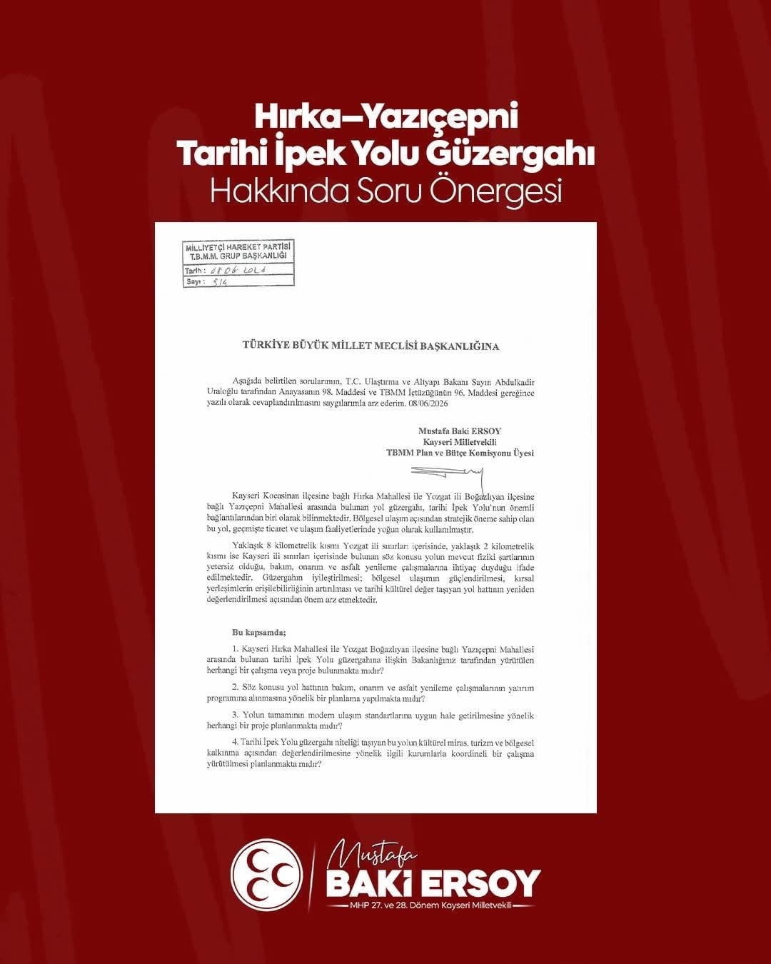 MİLLİYETÇİ HAREKET PARTİSİ (MHP) KAYSERİ MİLLETVEKİLİ BAKİ ERSOY, KOCASİNAN İLÇESİNE BAĞLI HIRKA...