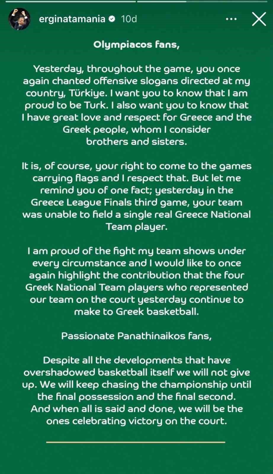 PANATHİNAİKOS BAŞANTRENÖRÜ ERGİN ATAMAN, YUNANİSTAN BASKETBOL LİGİ FİNAL SERİSİNİN ÜÇÜNCÜ MAÇINDA...
