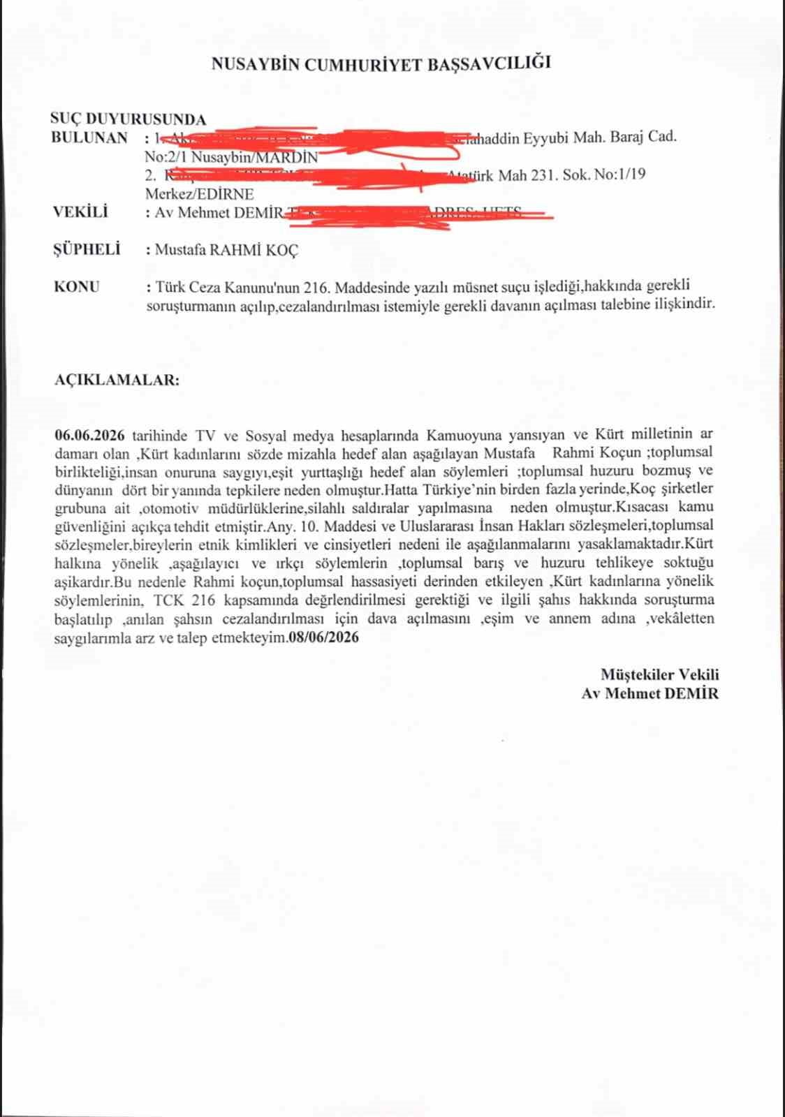 RAHMİ KOÇ HAKKINDA NUSAYBİN CUMHURİYET BAŞSAVCILIĞI’NA SUÇ DUYURUSU