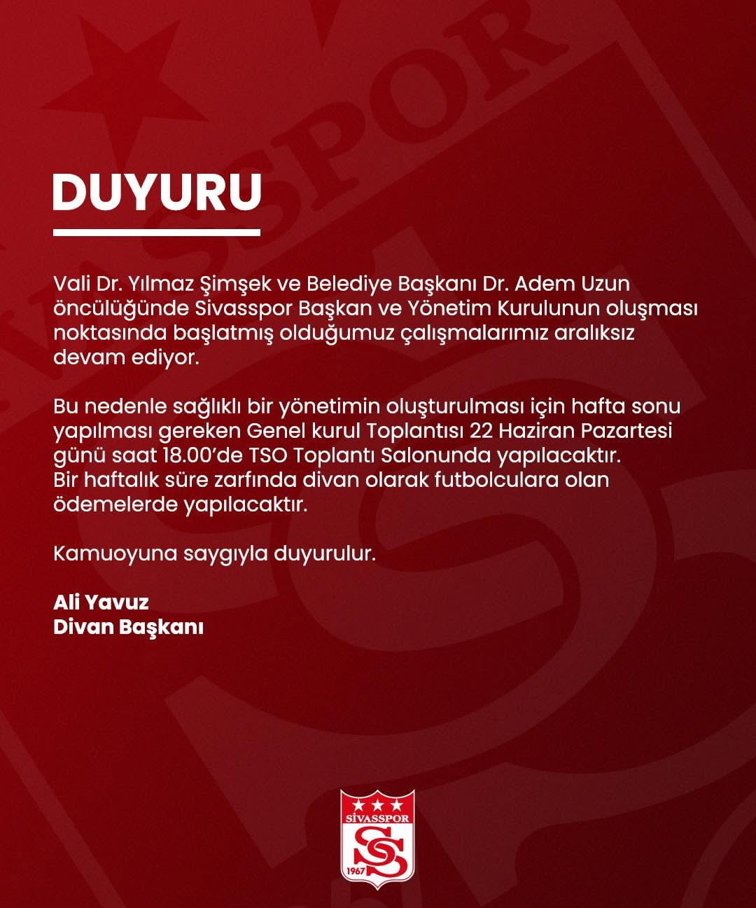 SİVASSPOR’DA MERAKLA BEKLENEN OLAĞAN GENEL KURUL TOPLANTISI ERTELENDİ.