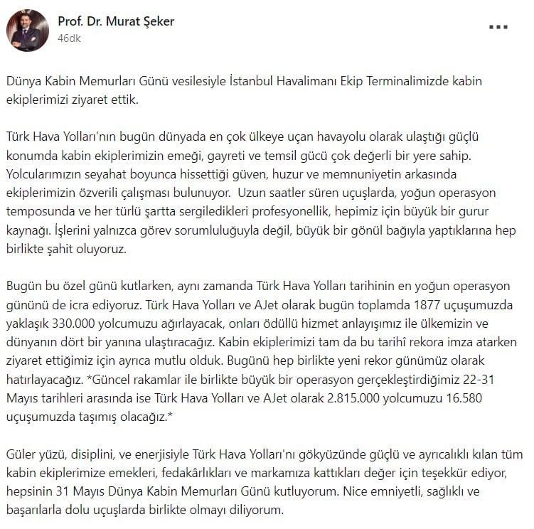 THY YÖNETİM KURULU BAŞKANI MURAT ŞEKER DÜNYA KABİN MEMURLARI GÜNÜNÜ KUTLADI