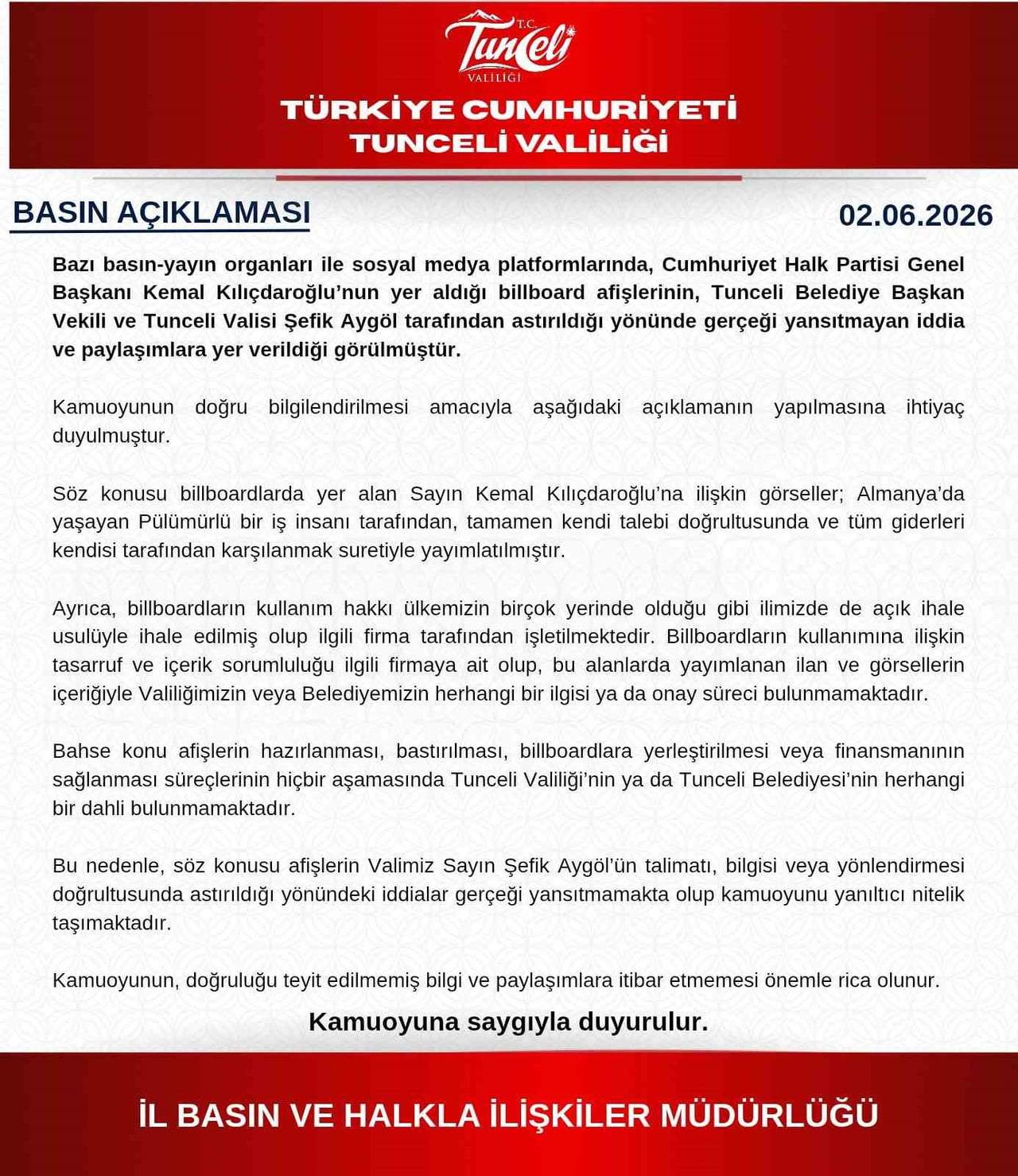TUNCELİ VALİLİĞİ, CUMHURİYET HALK PARTİSİ GENEL BAŞKANI KEMAL KILIÇDAROĞLU’NUN YER ALDIĞI...