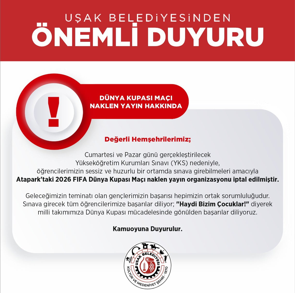UŞAK BELEDİYESİ, HAFTA SONU GERÇEKLEŞTİRİLECEK YÜKSEKÖĞRETİM KURUMLARI SINAVI (YKS) NEDENİYLE...