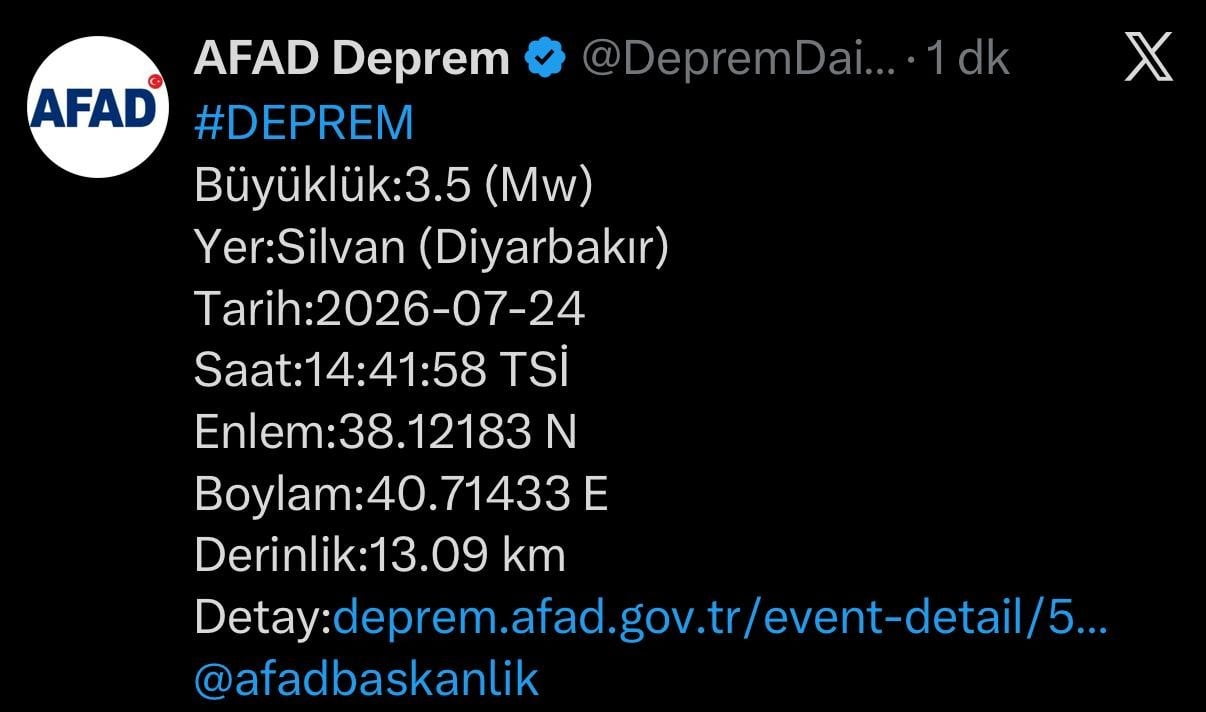 AFAD'IN SOSYAL MEDYA HESABINDAN YAPILAN PAYLAŞIMDA,  MERKEZ ÜSSÜ SİLVAN İLÇESİNDE YERİN 13.09...