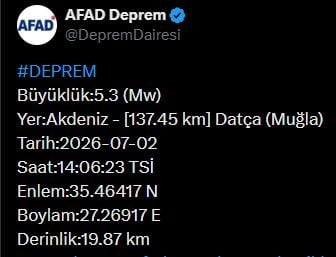 AFET VE ACİL DURUM YÖNETİMİ BAŞKANLIĞI (AFAD), MUĞLA’DA 5.3 BÜYÜKLÜĞÜNDE DEPREM MEYDANA GELDİĞİNİ...