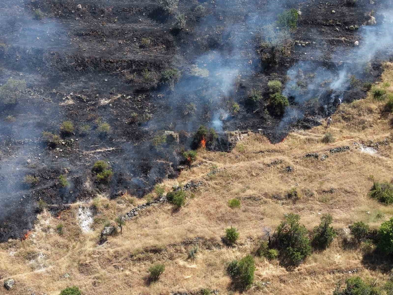 AFYONKARAHİSAR'DA BAYRAKTEPE MEZARLIĞI CİVARINDA ENGEBELİ OTLUK ALANDA BAŞLAYAN YANGIN, RÜZGARIN...
