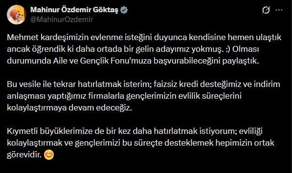 AİLE VE SOSYAL HİZMETLER BAKANI MAHİNUR ÖZDEMİR GÖKTAŞ'IN PAYLAŞIMI