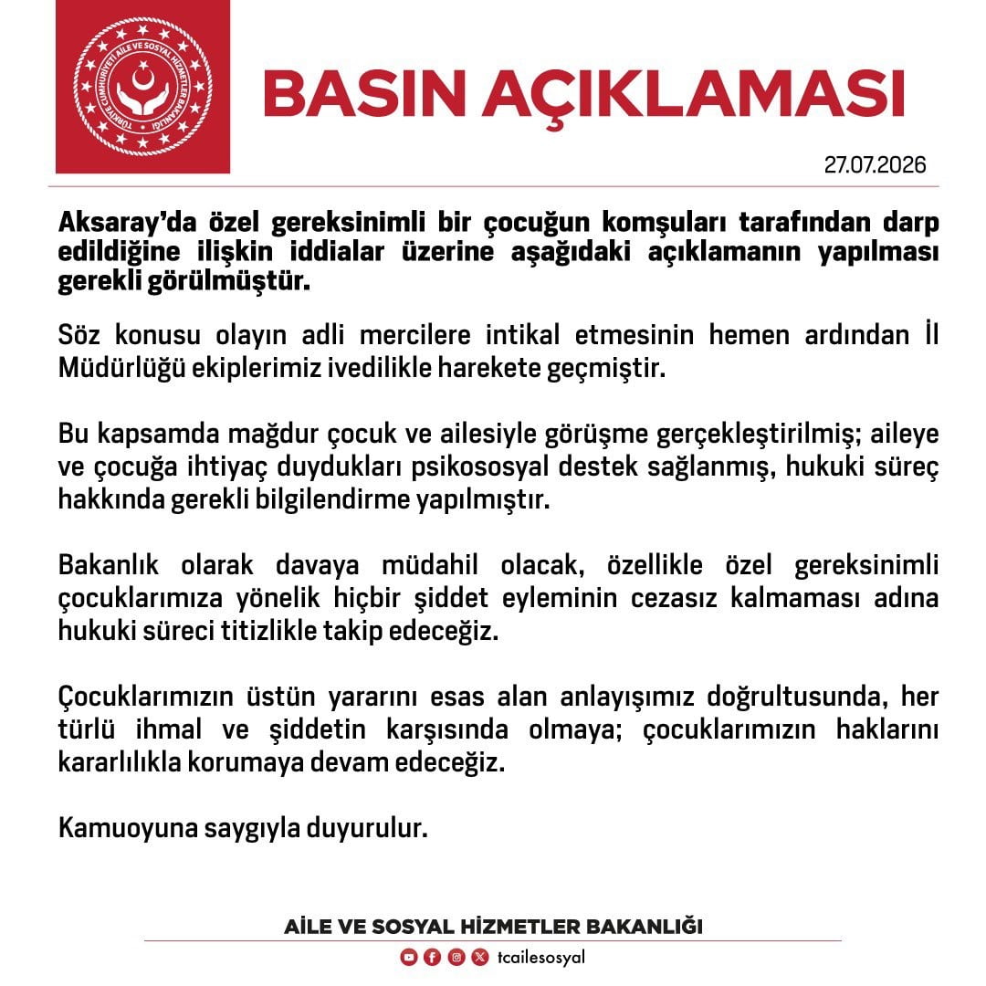 AİLE VE SOSYAL HİZMETLER BAKANLIĞI TARAFINDAN, AKSARAY'DA ÖZEL GEREKSİNİMLİ BİR ÇOCUĞUN KOMŞULARI...