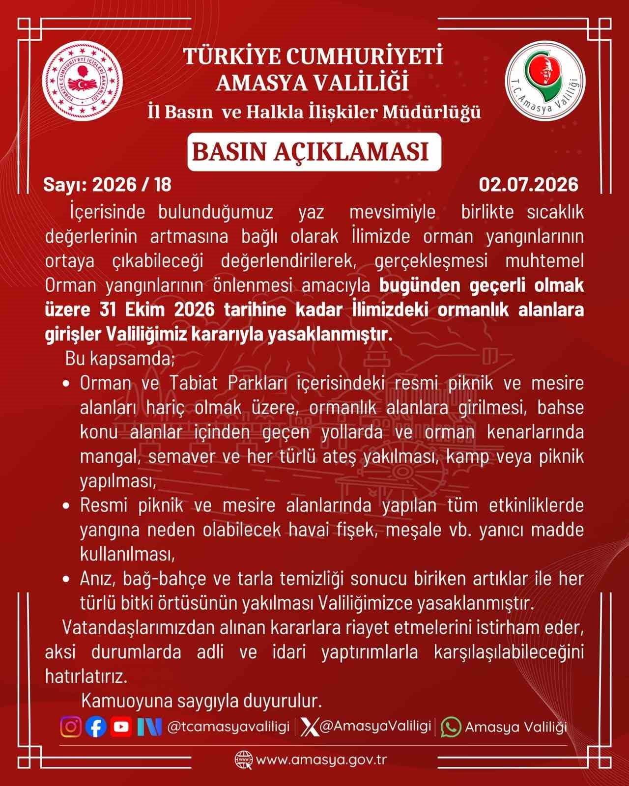 AMASYA'DA YANGIN RİSKİ NEDENİYLE ORMANLIK ALANLARA GİRİŞLER, 31 EKİM TARİHİNE KADAR...