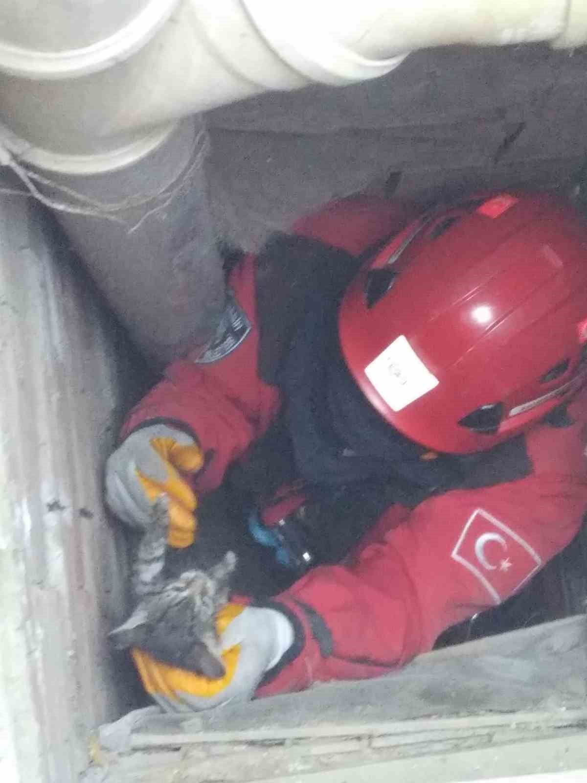 BURHANİYE İLÇESİNDE HAVALANDIRMA BOŞLUĞUNDAKİ PLASTİK BORUDA SIKIŞAN İKİ KEDİYİ İTFAİYE...