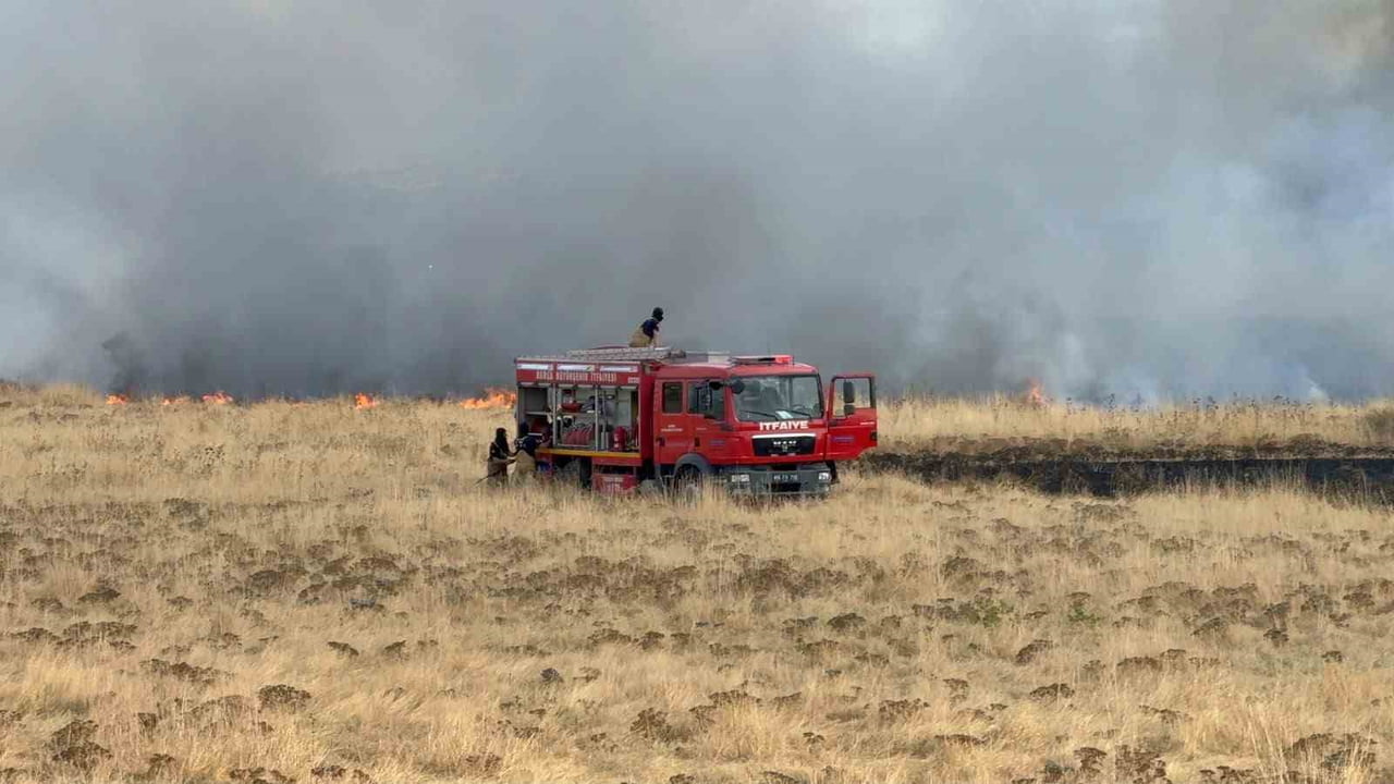 BURSA'DA YENİŞEHİR HAVALİMANI GİRİŞİNDE BULUNAN OTLUK ALANDA ÇIKAN YANGIN, KISA SÜRELİ PANİĞE...