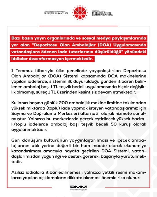 DEZENFORMASYONLA MÜCADELE MERKEZİ (DMM) TARAFINDAN, "DEPOZİTOSU OLAN AMBALAJLAR (DOA)...