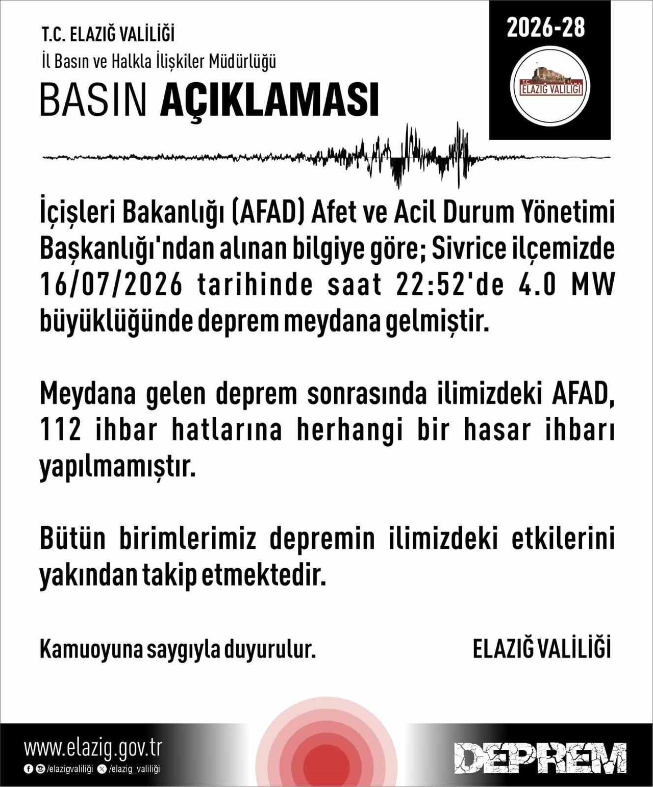 ELAZIĞ’IN SİVRİCE İLÇESİNDE MEYDANA GELEN 4.0 BÜYÜKLÜĞÜNDEKİ DEPREMİN ARDINDAN AÇIKLAMA YAPAN...