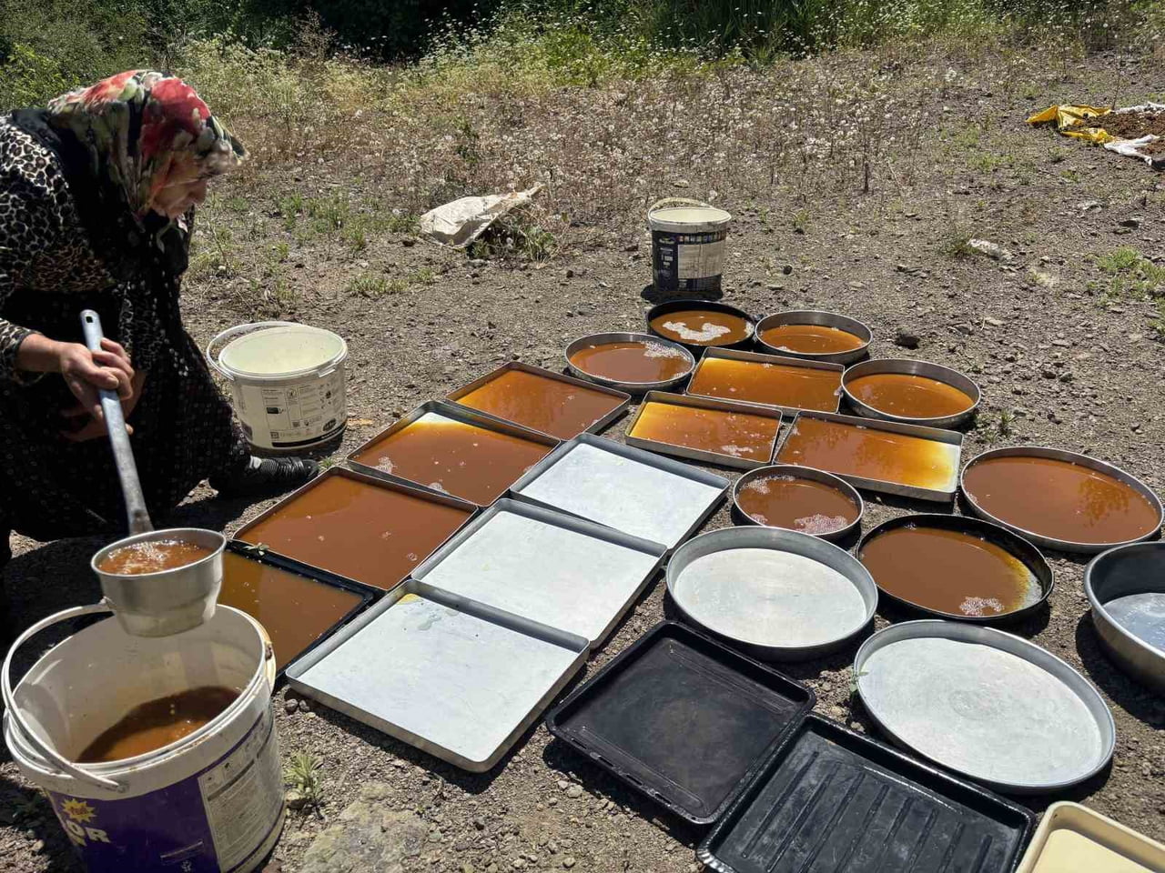 ELDE EDİLEN DUT SUYU YENİDEN KAZANLARDA KAYNATILARAK KIVAM ALMASI SAĞLANIYOR. DAHA SONRA TEPSİLERE...
