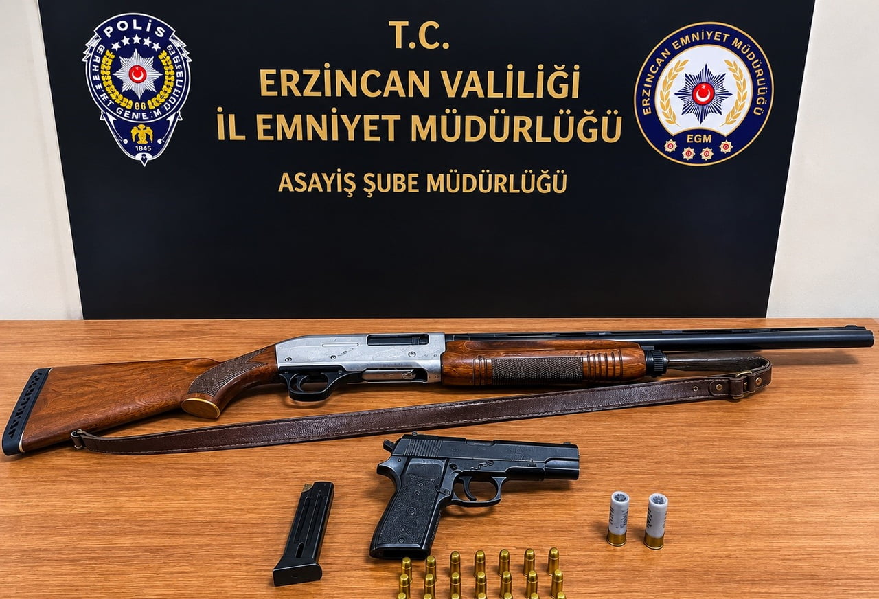ERZİNCAN'DA POLİS EKİPLERİNCE GERÇEKLEŞTİRİLEN UYGULAMADA RUHSATSIZ TABANCA VE TÜFEK ELE...