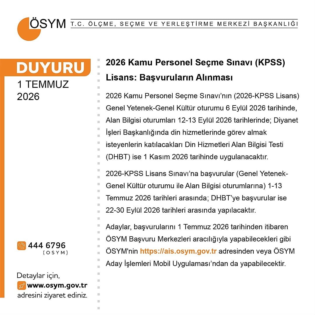 KAMU PERSONEL SEÇME SINAVI (KPSS) BAŞVURULARI 1 TEMMUZ İTİBARIYLA BAŞLADI.