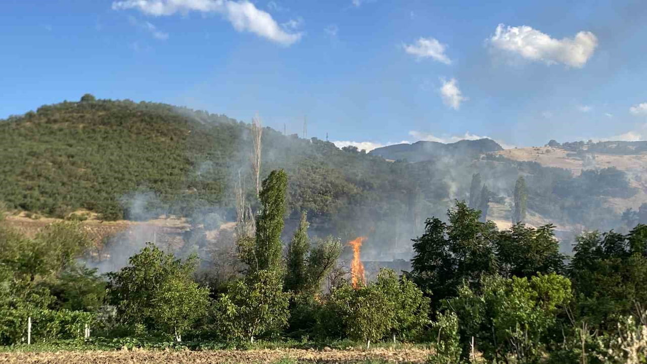 LAÇİN KUYUMCU KÖYÜ DUTLUDERE MEVKİİNDE ANIZ VE ORMANLIK ALANDA ÇIKAN YANGINDA ARAZİ ZARAR...