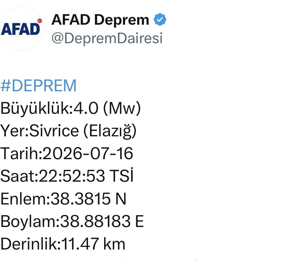 MERKEZ ÜSSÜ ELAZIĞ’IN SİVRİCE İLÇESİ OLAN 4.0 BÜYÜKLÜĞÜNDE DEPREM MEYDANA GELDİ.